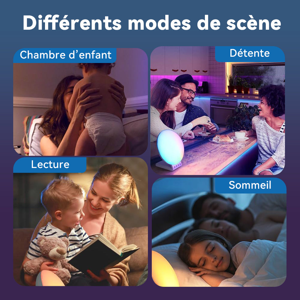 Collage de quatre scènes intitulées « Chambre d’enfant », « Détente », « Lecture » et « Sommeil », montrant des personnes dans différentes activités
