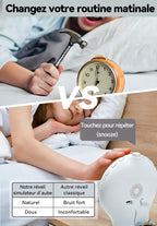 Comparaison entre le SilvanHome Réveil Simulateur d’Aube et un réveil classique, illustrant une personne réveillée par chacun des deux appareils