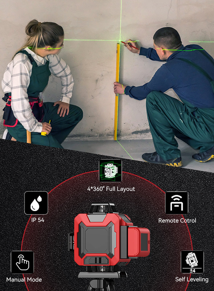 Deux personnes utilisant un Silvanhome Niveau Laser sur un mur avec les caractéristiques du produit affichées en dessous.