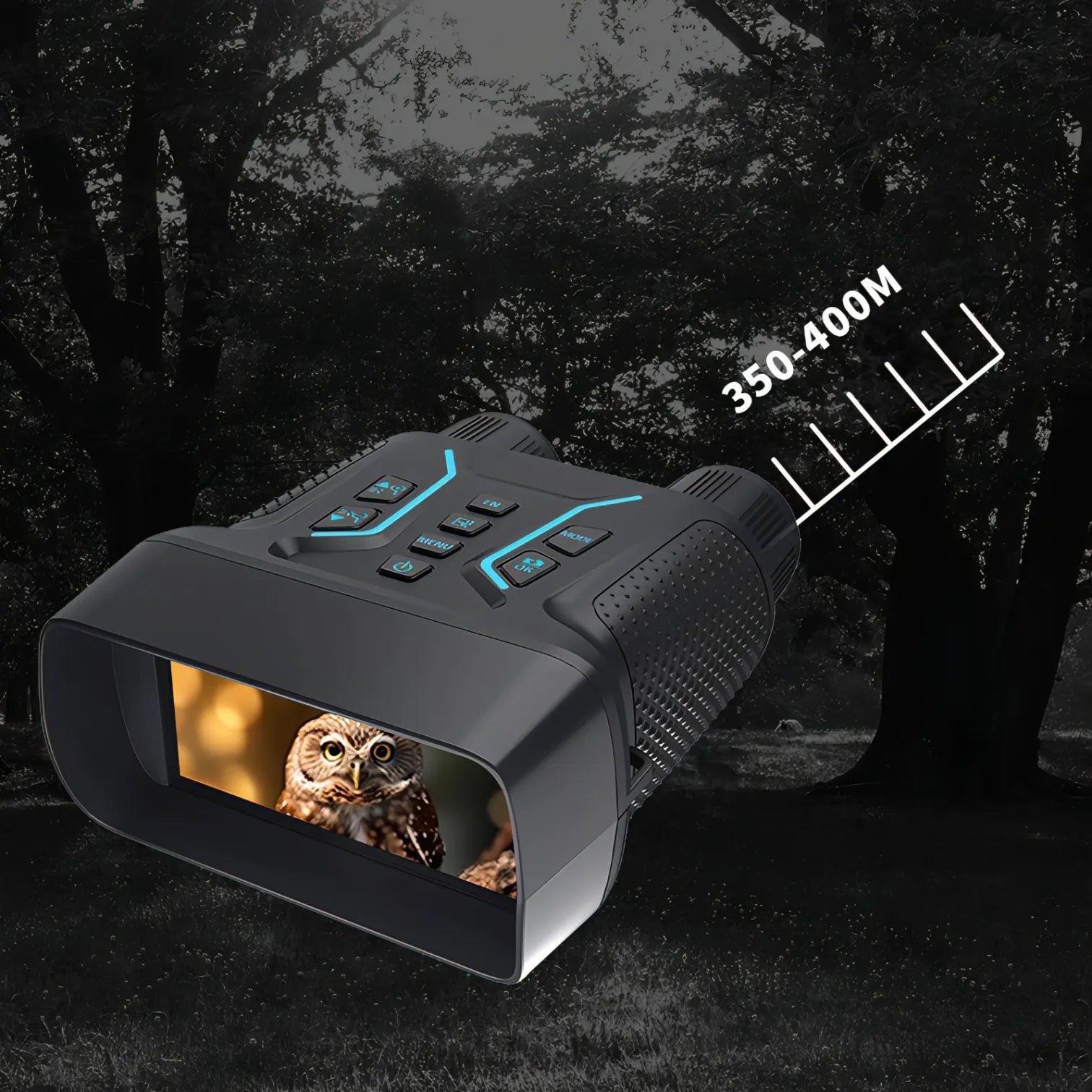 Dispositif Kersens Jumelles de Vision Nocturne 4K avec spécifications sur fond sombre