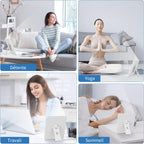 Femme pratiquant différentes activités — assise, faisant du yoga, travaillant et dormant — avec un appareil blanc posé sur une table.