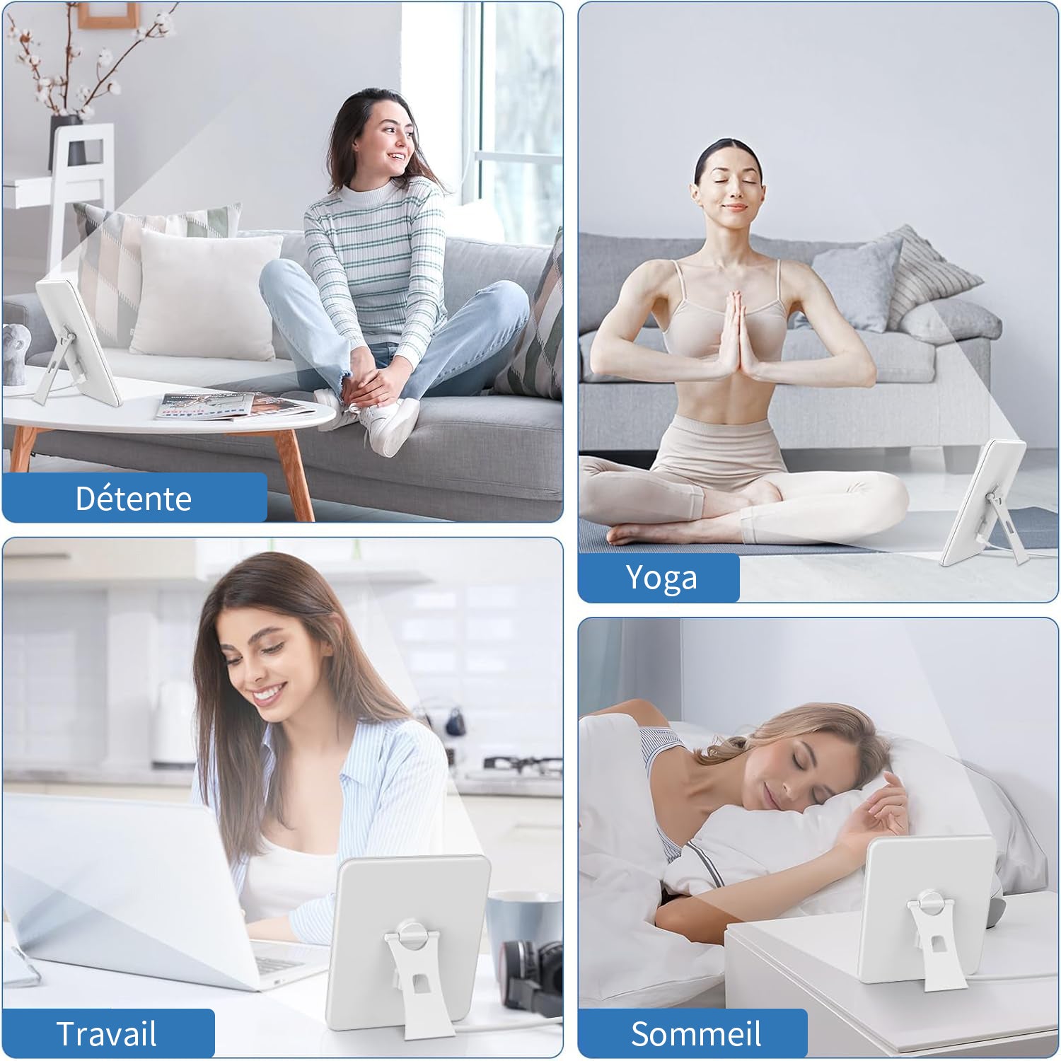 Femme pratiquant différentes activités — assise, faisant du yoga, travaillant et dormant — avec un appareil blanc posé sur une table.