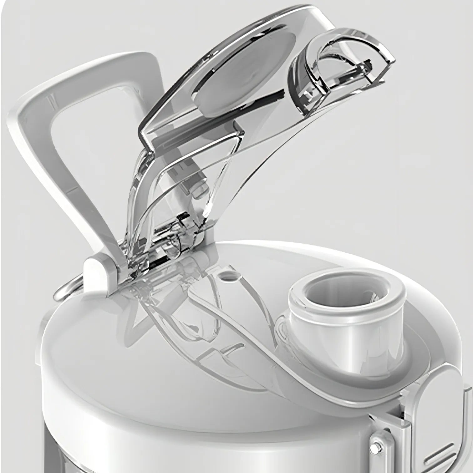 Gros plan sur un distributeur d’eau blanc avec couvercle transparent sur fond gris clair
