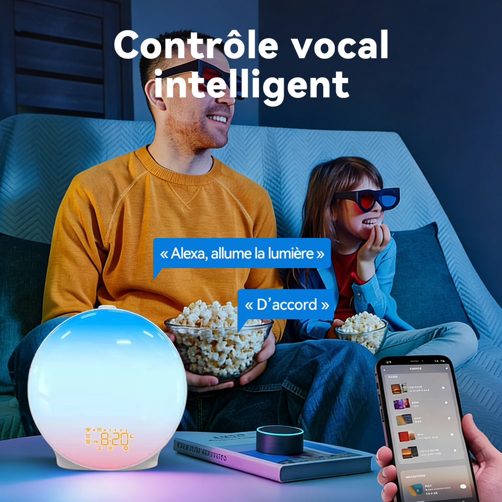 Homme contrôlant le Velnotra Réveil Simulateur d’Aube et machine à sons sur une table de chevet