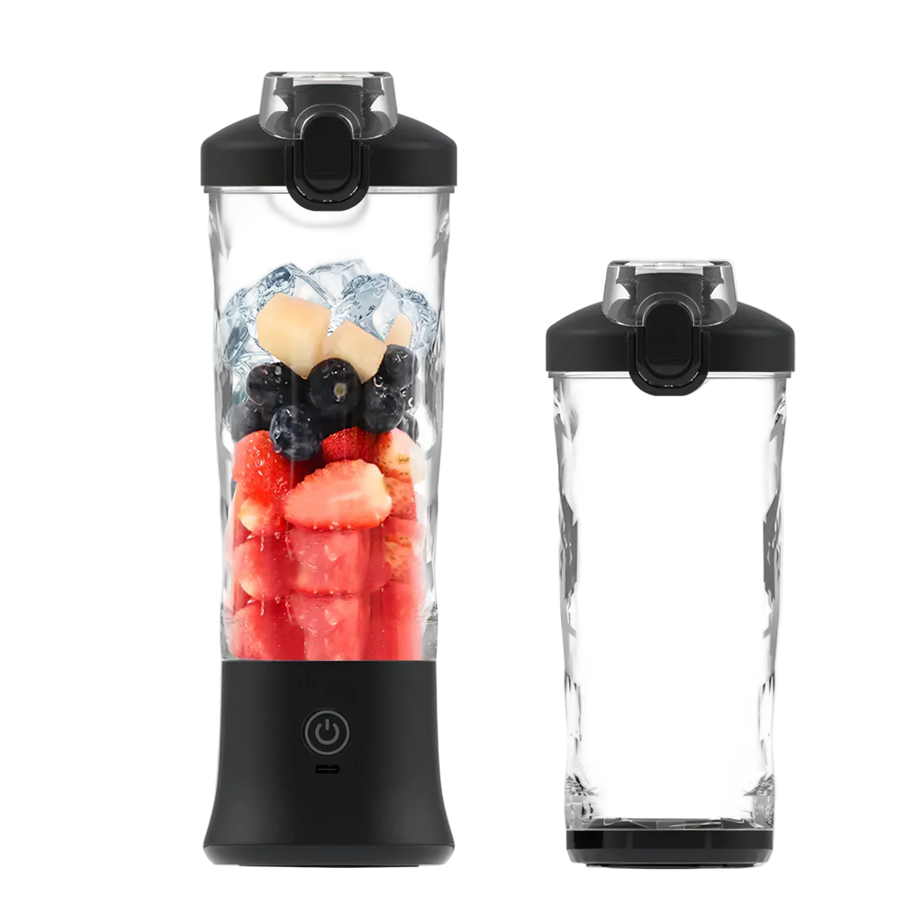 Kersens Blender Portable avec fruits et glaçons sur fond blanc

