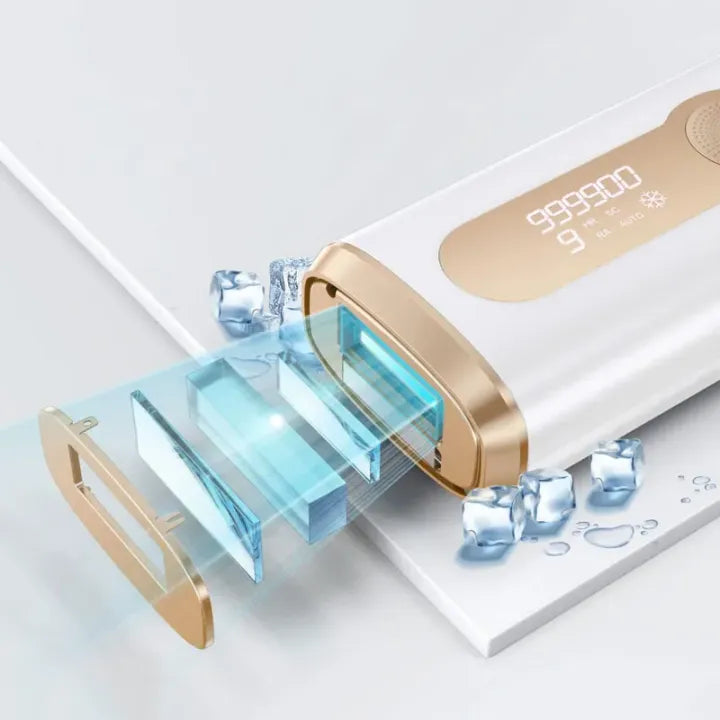 Kersens Épilateur à Lumière Pulsée AS20 blanc et or avec écran numérique sur fond gris clair