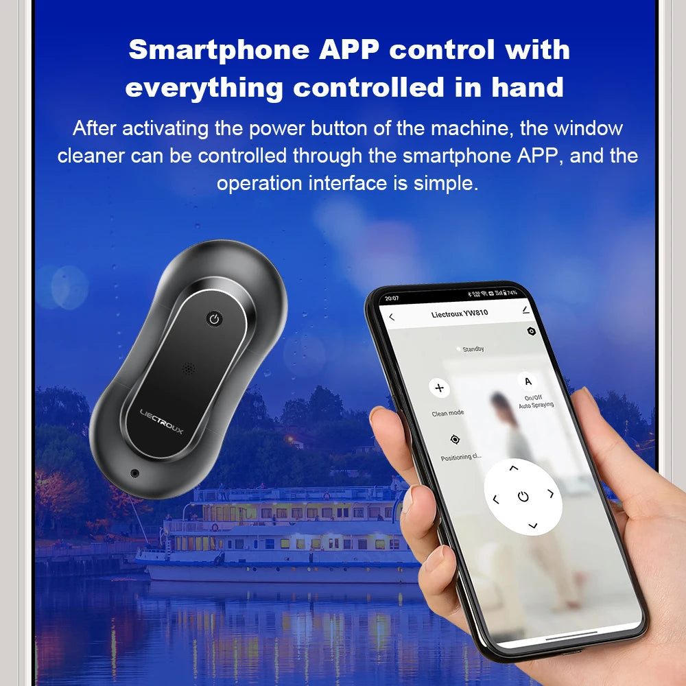 Kersens Robot Lave-Vitres avec contrôle via application smartphone sur fond panoramique