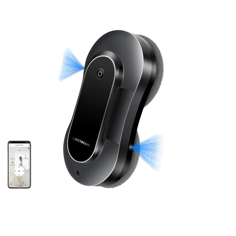 Kersens Robot Lave-Vitres noir avec voyants lumineux bleus sur fond blanc, avec la marque Electrolux