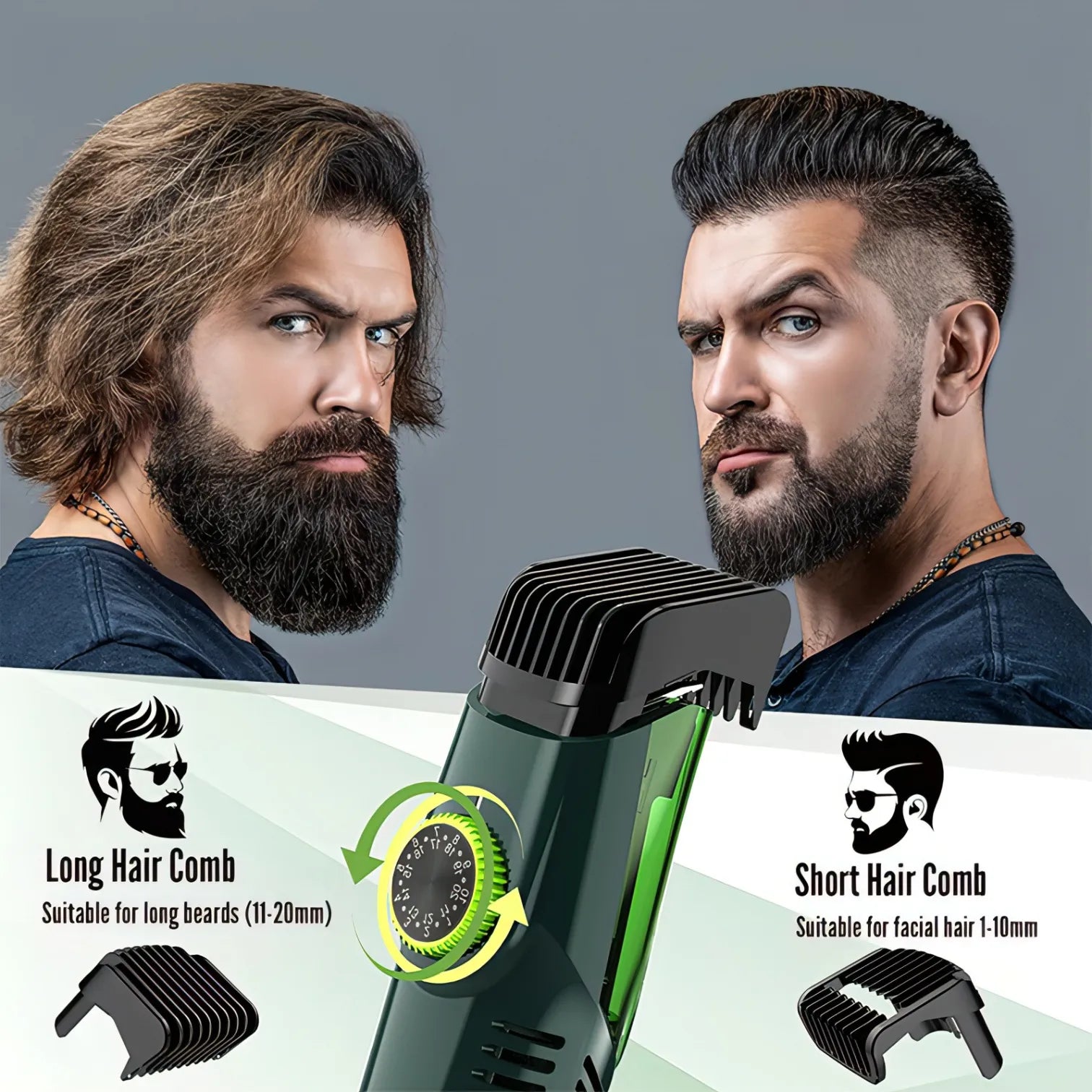 Kersens Tondeuse à Barbe avec accessoires pour poils longs et courts, avant et après utilisation sur un homme barbu