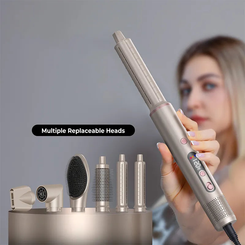 Korons Brosse Soufflante avec plusieurs têtes interchangeables et arrière-plan flouté d’une femme