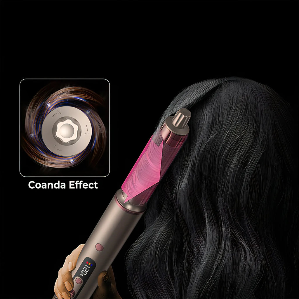 Korons Brosse Soufflante avec fonction Effet Coanda en utilisation sur les cheveux, sur fond noir