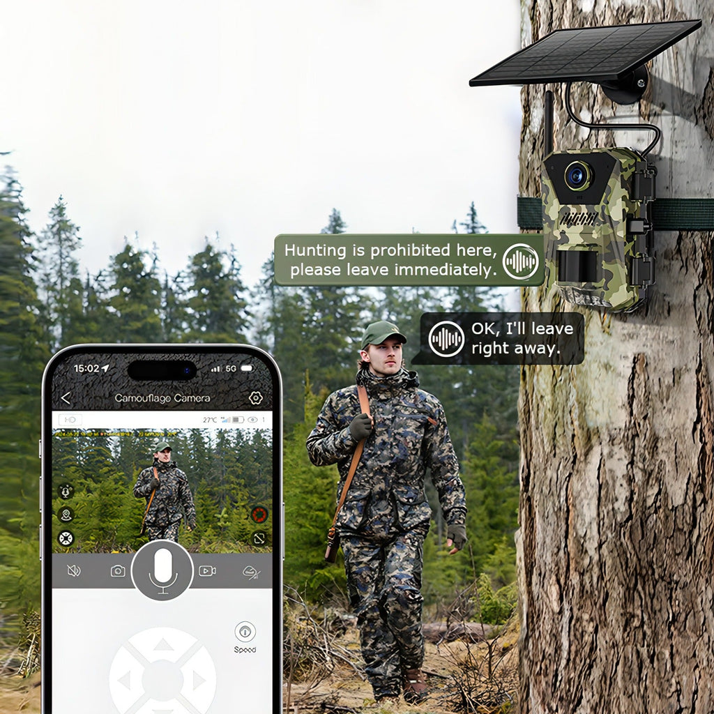Korons Caméra de Chasse fixée à un arbre avec interface d’application smartphone affichant un chasseur et un message d’alerte