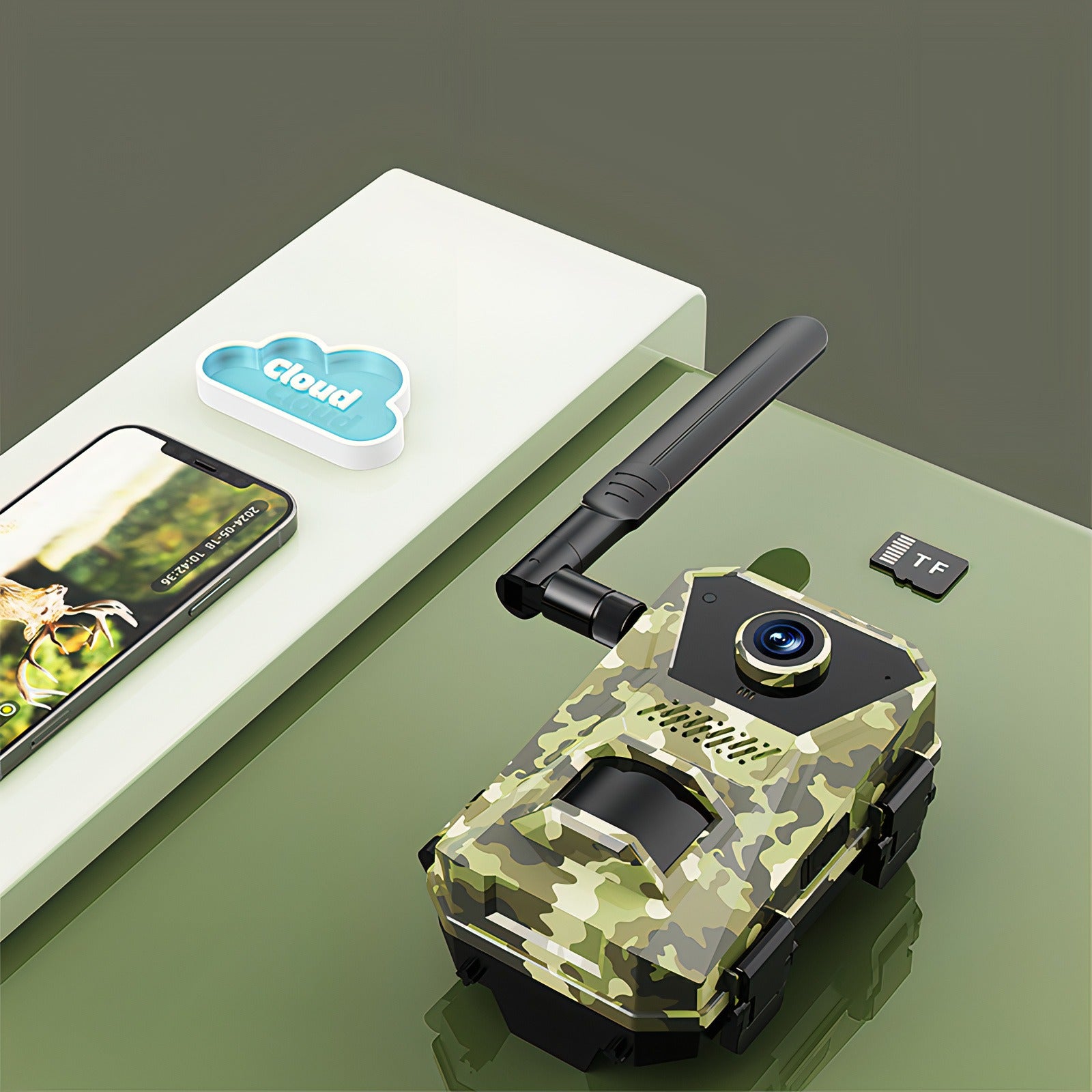 Korons Caméra de Chasse à motif camouflage avec smartphone, icône cloud et carte mémoire sur surface verte