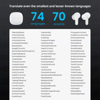 Korons Écouteurs de Traducteur avec texte présentant les informations de prise en charge des langues sur fond sombre