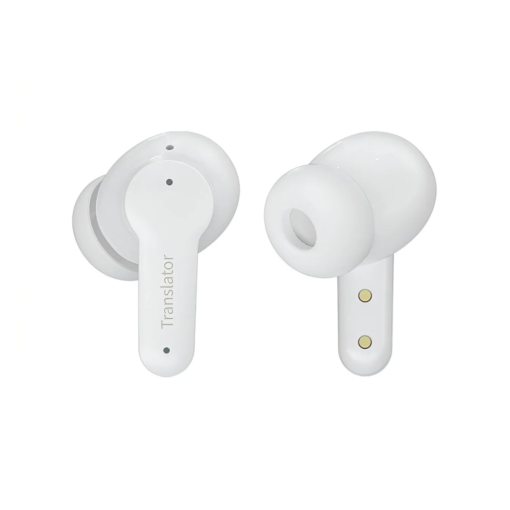 Korons Écouteurs de Traducteur blancs avec marquage « Translator » sur fond blanc