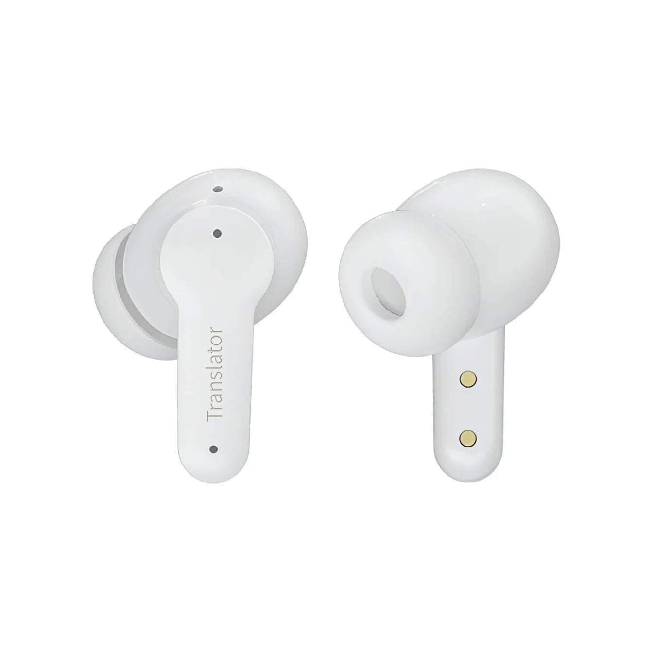 Korons Écouteurs de Traducteur blancs avec marquage « Translator » sur fond blanc