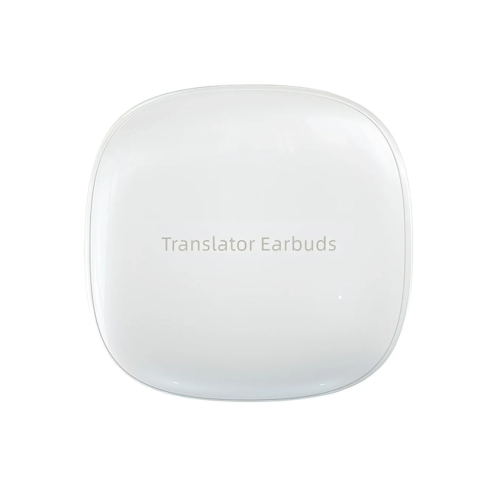 Korons Écouteurs de Traducteur blancs au design carré avec texte « Translator Earbuds » sur fond blanc