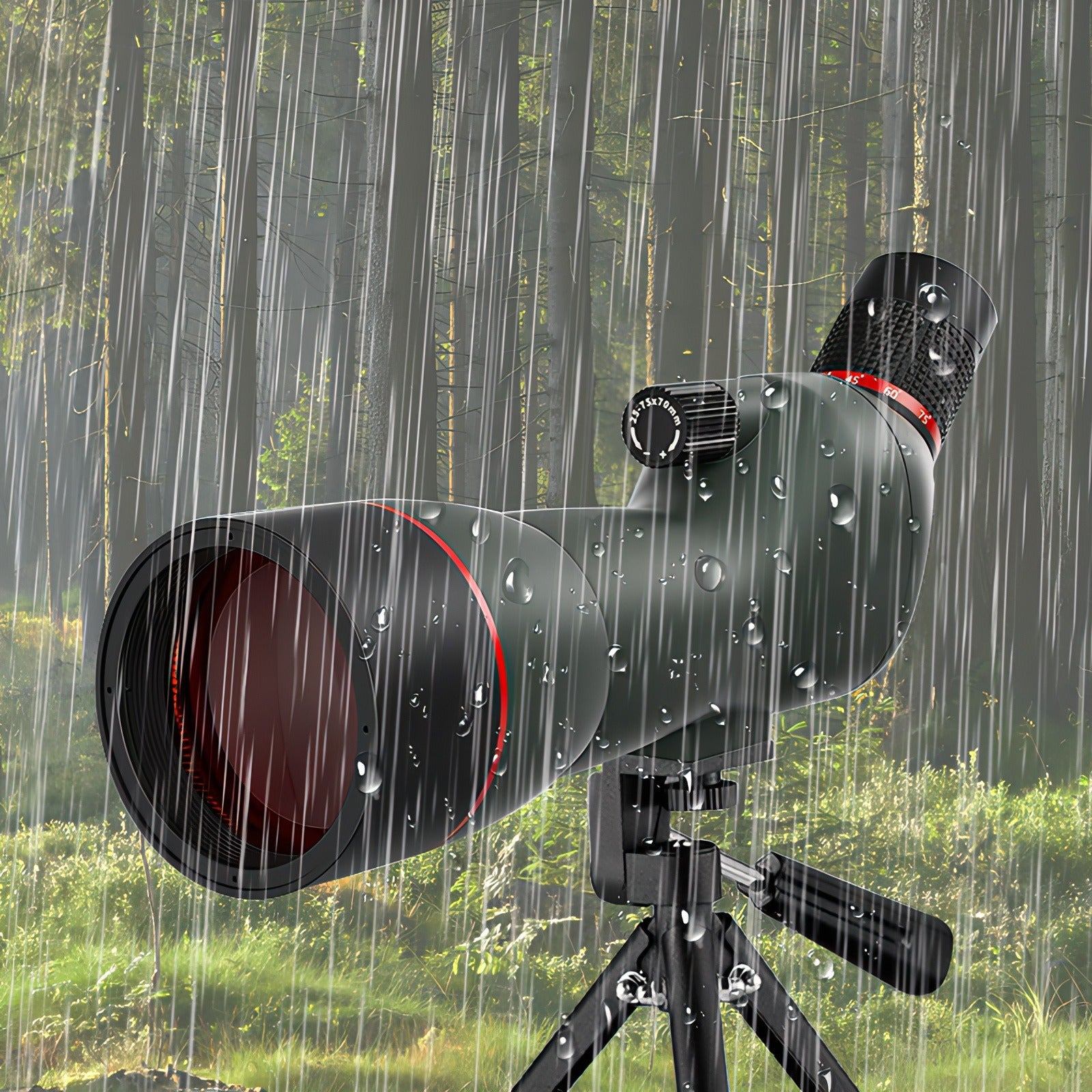 Korons Longue-Vue sur trépied avec gouttes de pluie sur fond forestier
