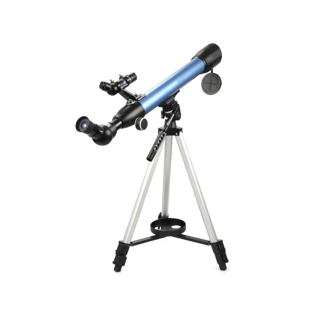 Télescope Korons avec tube bleu et optiques noires sur fond blanc
