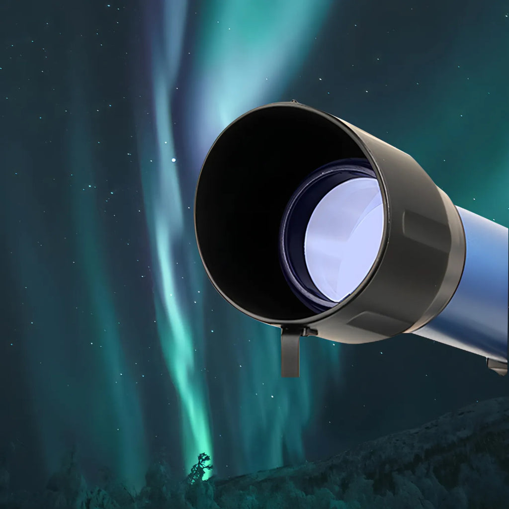 Télescope Korons pointé vers les aurores boréales sur un ciel nocturne étoilé