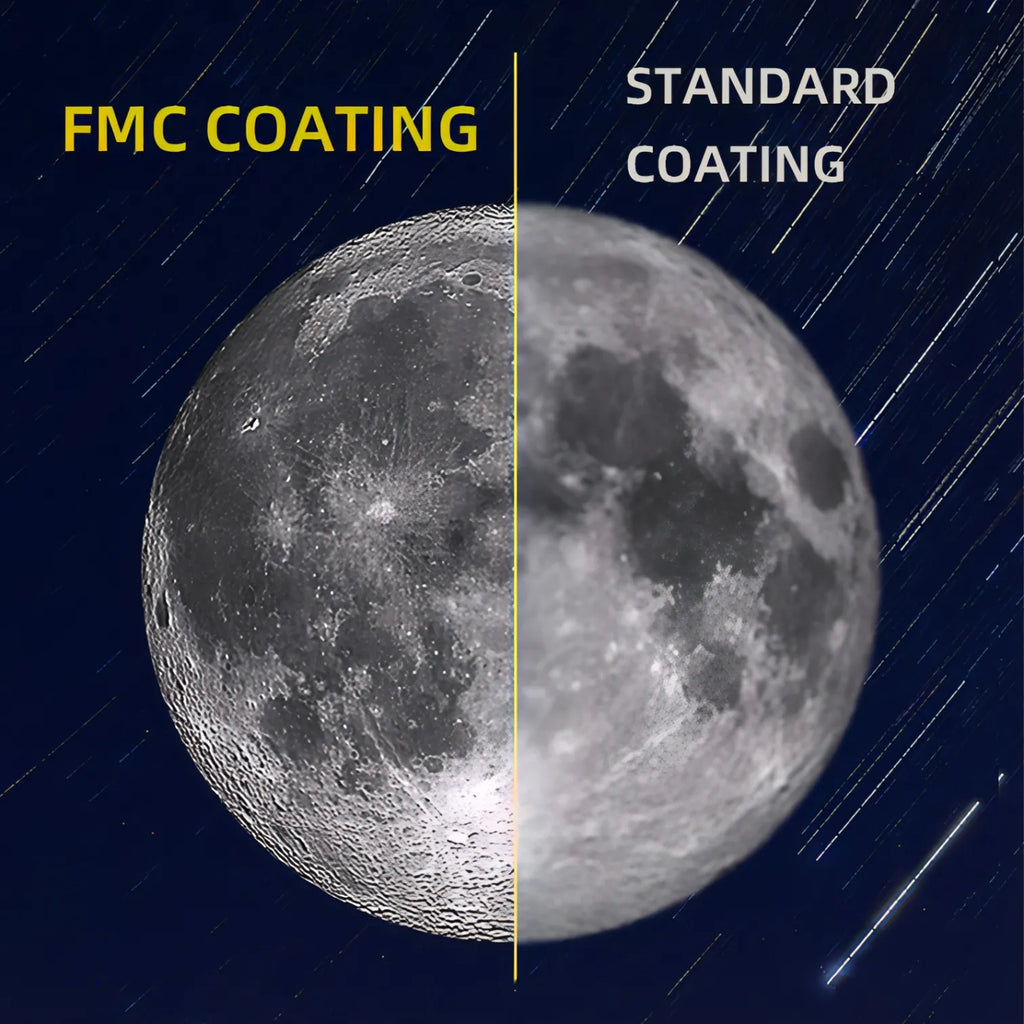 Comparaison du revêtement FMC et du revêtement standard sur une surface de type lunaire, avec des traînées d’étoiles en arrière-plan