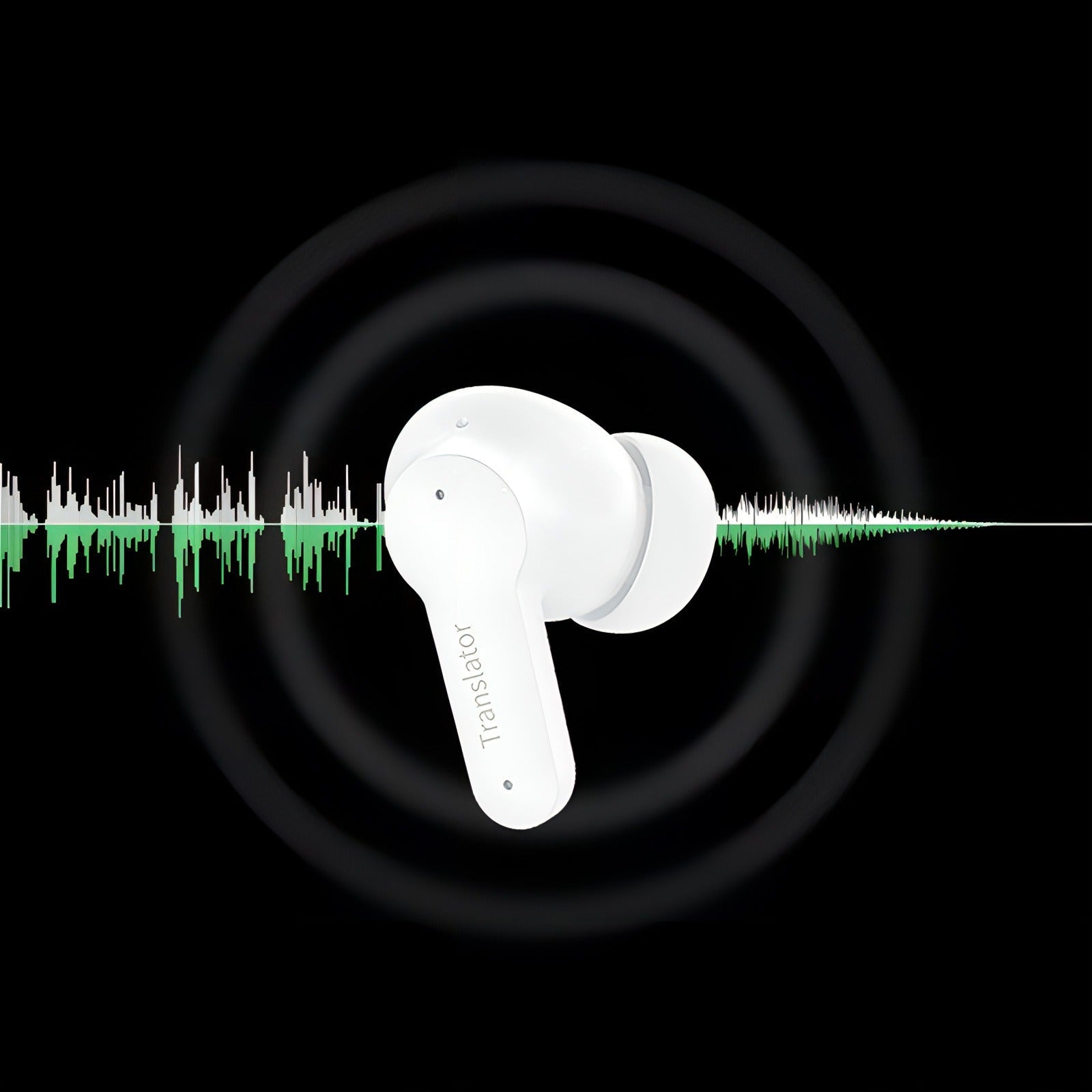 Korons Écouteurs de Traducteur blancs avec graphique d’onde sonore sur fond noir