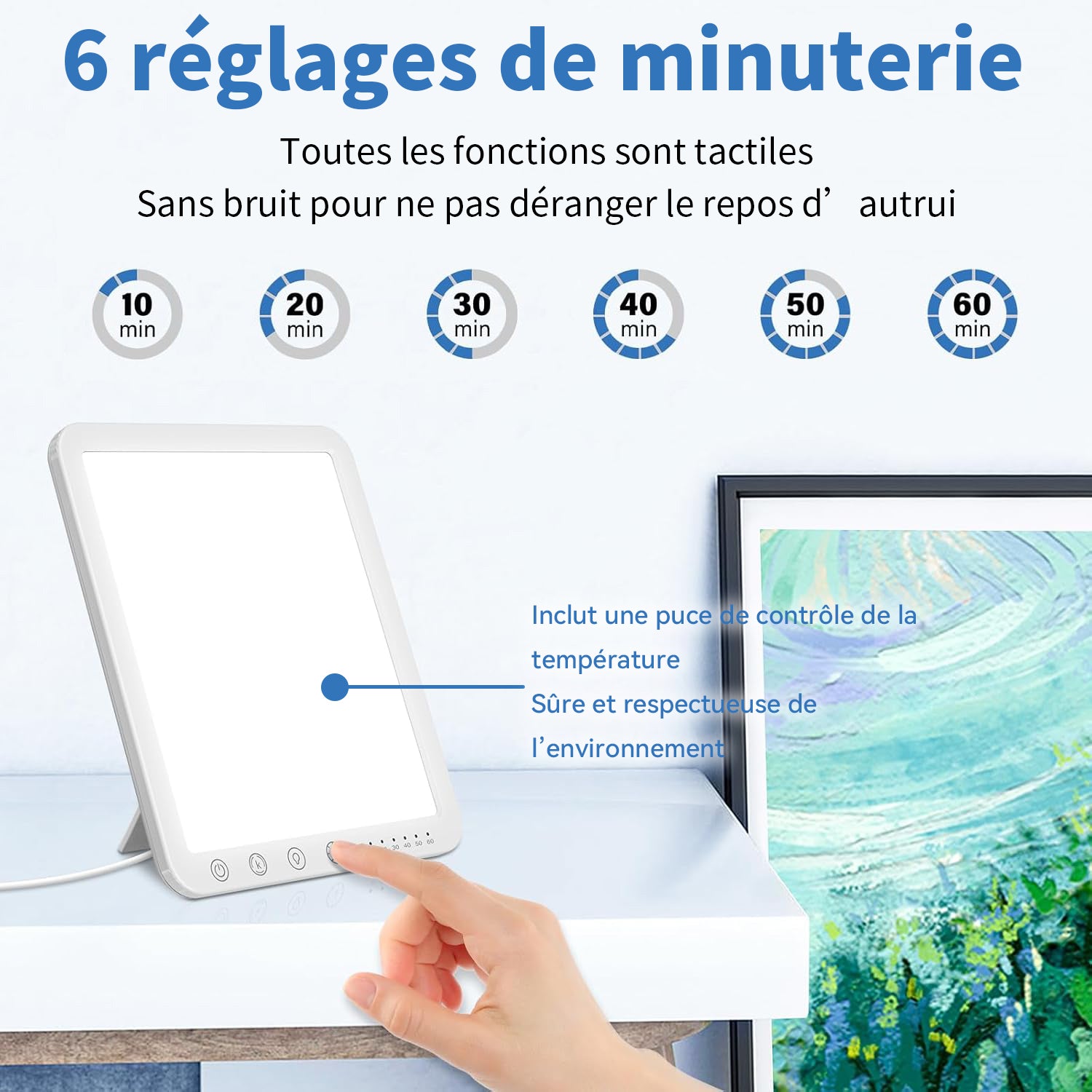 Lampe de luminothérapie Velnotra avec commande tactile et 6 réglages de minuterie, sur fond blanc.