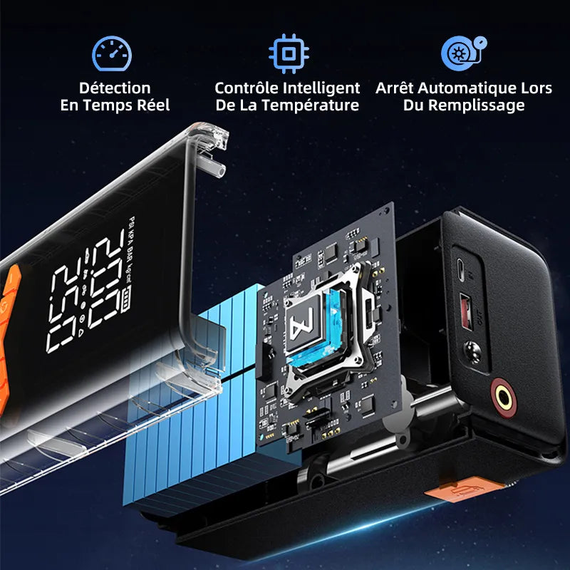 NOMADO 2-en-1 Gonfleur Pneu & Booster Batterie Voiture Portable – Composant avec affichage numérique et système de refroidissement sur fond sombre