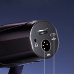 Close-up of a black Nordzens Microphone with labeled ports on a dark blue background