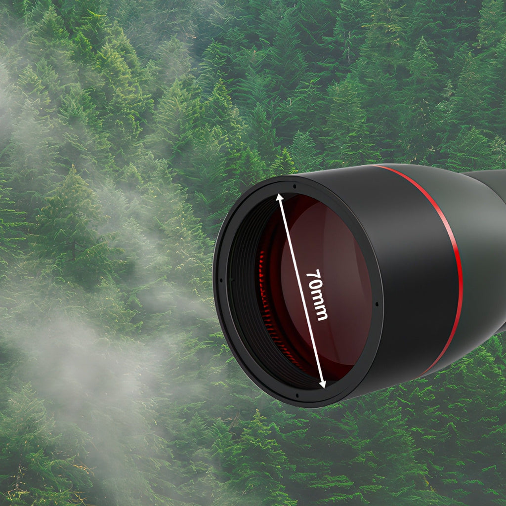 Objectif de la Korons Longue-Vue avec marquage « 70 mm » sur fond forestier