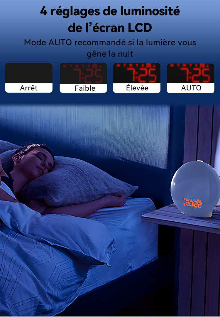 Personne dormant dans un lit avec le SilvanHome Réveil Simulateur d’Aube faisant office de veilleuse, affichant l’heure sur une table de chevet