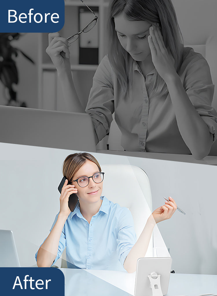Before and after comparison of a woman working at a desk.