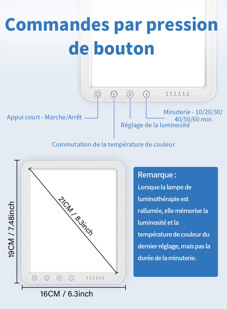 Schéma de la lampe de luminothérapie Velnotra avec commandes par boutons et dimensions, sur fond bleu.
