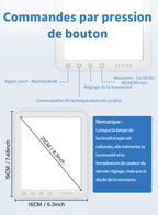 Schéma de la lampe de luminothérapie Velnotra avec commandes par boutons et dimensions, sur fond bleu.
