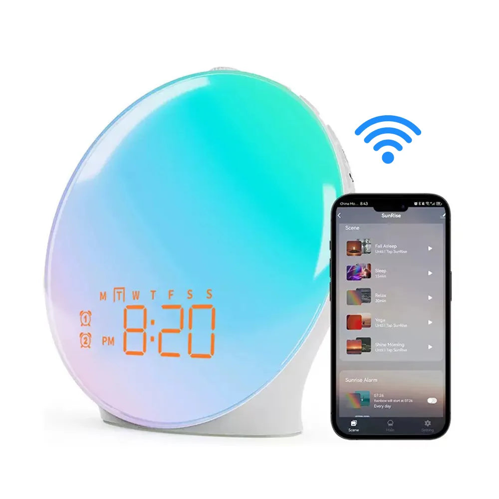 SilvanHome Réveil Simulateur d’Aube avec écran coloré et smartphone affichant l’interface de l’application sur fond blanc