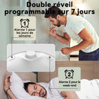 SilvanHome Réveil Simulateur d’Aube double programmable sur 7 jours, avec un homme se brossant les dents et une autre personne dormant, montrant différents réglages d’alarme