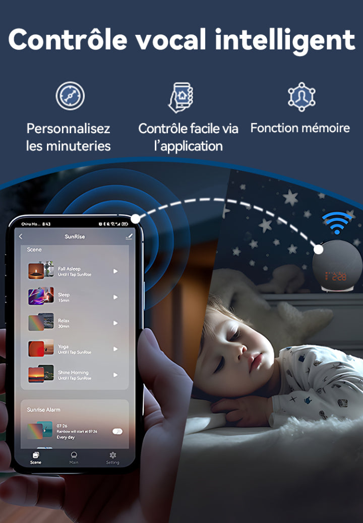 SilvanHome Réveil Simulateur d’Aube jaune sur une table vocal intelligent 