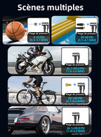 Silvanhome 2-en-1 Gonfleur de pneus & Booster de batterie voiture portable – Collage de différents scénarios de mesure de pression incluant une voiture, un ballon de basket, une moto, un vélo et des frites de piscine