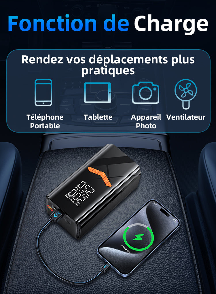 Silvanhome 2-en-1 Gonfleur de pneus & Booster de batterie auto – Fonctions portables pour appareils électroniques sur un siège de voiture