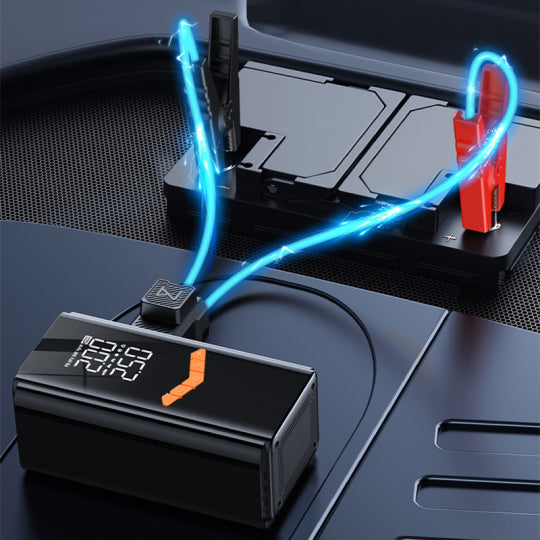 Silvanhome Gonfleur de Pneu & Booster de Batterie Voiture Portable 2-en-1 avec lumières bleues et écran numérique sur une surface sombre