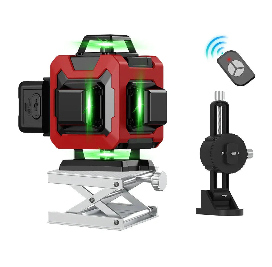 Silvanhome Niveau Laser rouge avec faisceaux verts, télécommande et support réglable sur fond blanc