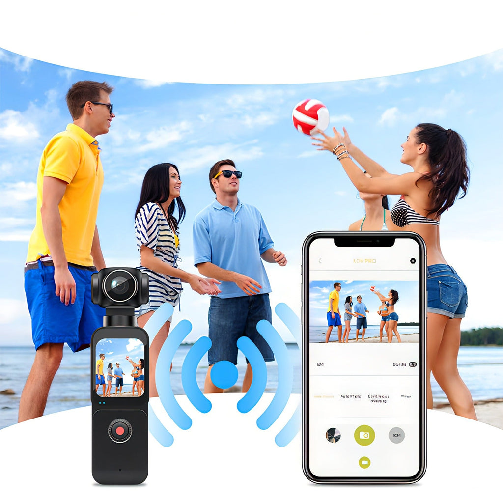 Smartphone avec application caméra ouverte affichant une scène de plage, avec des personnes jouant au volley-ball