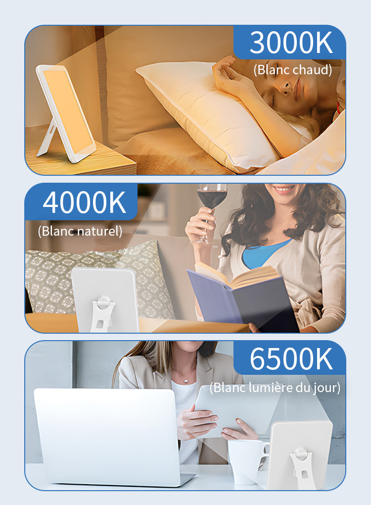 Trois scènes illustrant différentes températures de couleur d’une source lumineuse : 3000K, 4000K et 6500K.