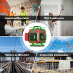 Collage de scènes de construction et de rénovation avec un Velnotra Niveau Laser au centre.