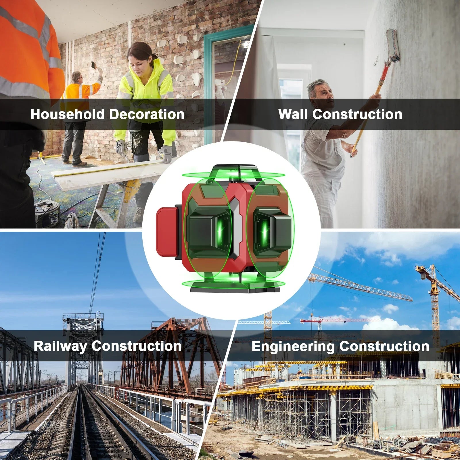 Collage de scènes de construction et de rénovation avec un Velnotra Niveau Laser au centre.