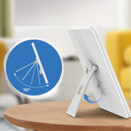 Support réglable de la lampe de luminothérapie Velnotra sur une surface en bois, avec un encadré en gros plan montrant les angles de rotation.