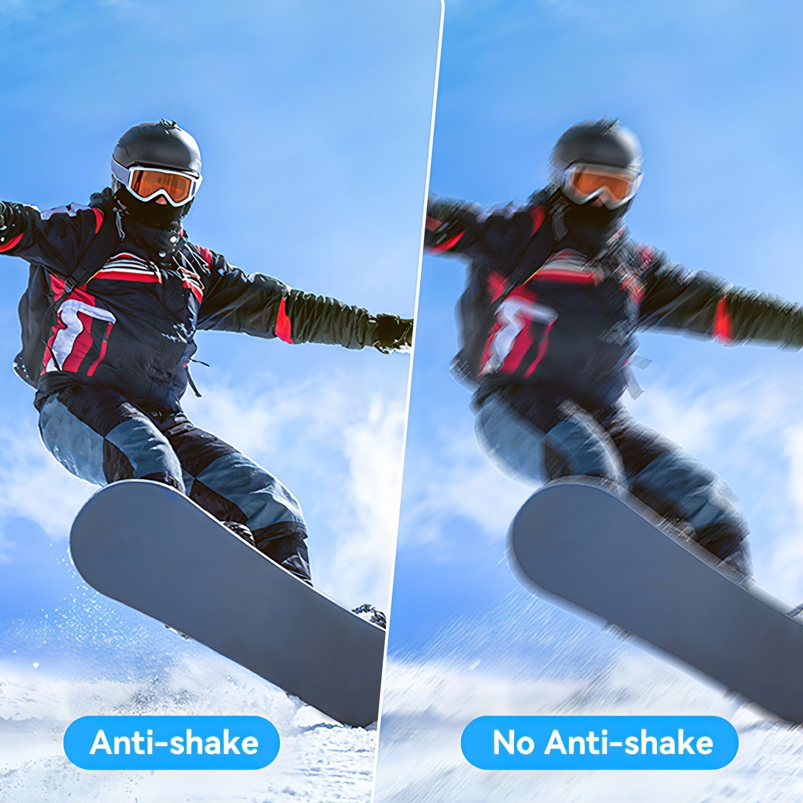 Comparaison des effets avec stabilisation et sans stabilisation sur un snowboarder en action avec la Korons Caméra Vlog