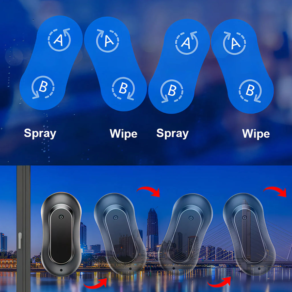 Démonstration du produit avec le Kersens Robot Lave-Vitres montrant les actions de pulvérisation et d’essuyage sur fond urbain flouté