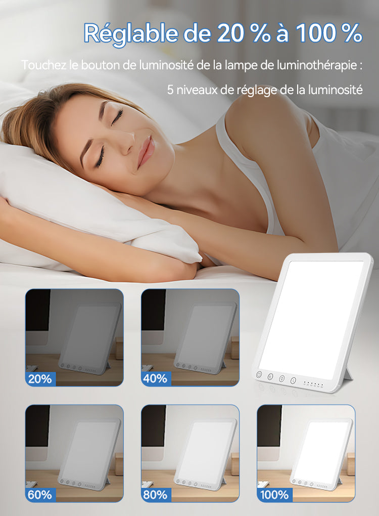 Femme allongée dans son lit avec une lampe de luminothérapie Velnotra affichant les niveaux de luminosité.
