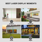 Collage de moments d’affichage du Silvanhome Niveau Laser en intérieur, par temps couvert, au crépuscule et de nuit